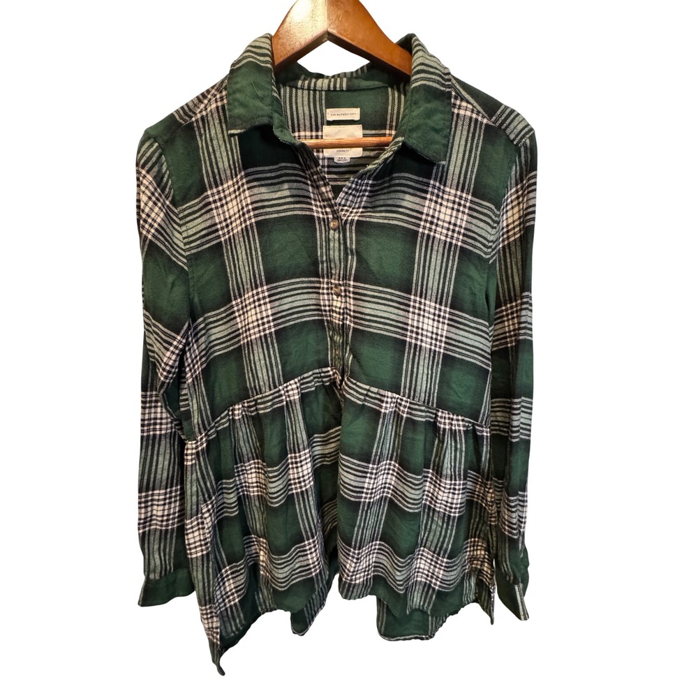 American Eagle Green Plaid Flannel Peplum Button Down Shirt Women Medium M